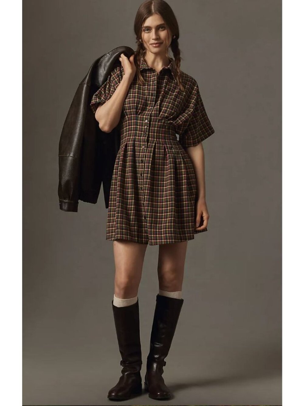 Anthropologie Tobie Mini Shirt Dress by Exquise Size Medium  In Brown Plaid